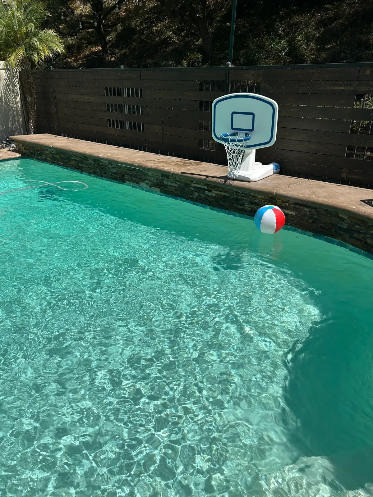 Clean backyard freeform pool with pool basketball hoop and beach ball floating on clear blue water after professional pool service in Temescal Valley, CA